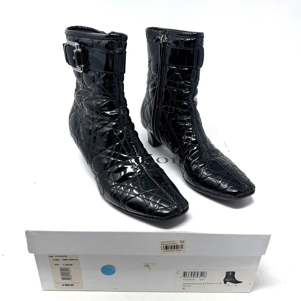 Christian Dior Black Leather Quilted Cannage Buckle Side Zip Ankle Boot 38.5 EU